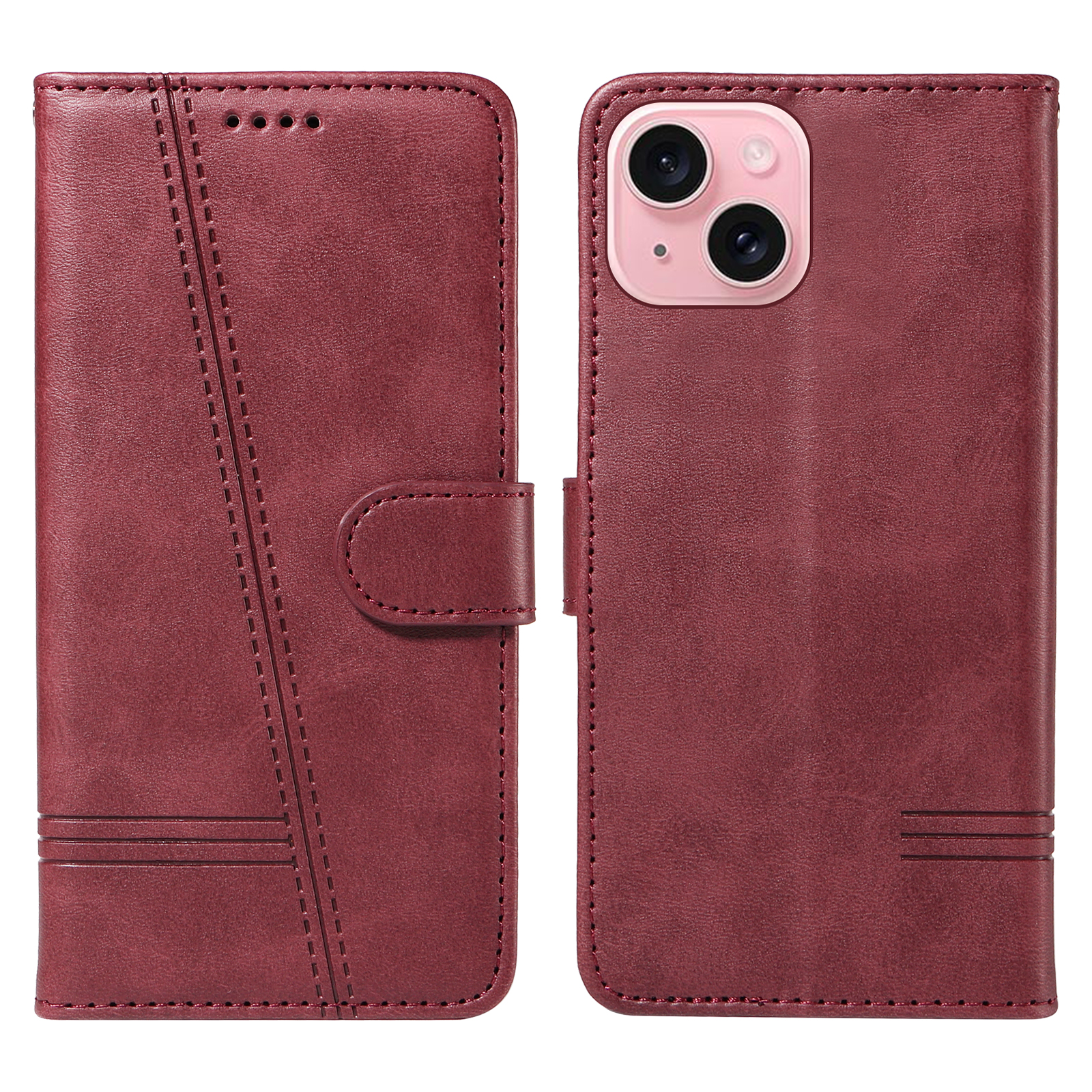 For iPhone 15 Wallet Case T-Shape Lines Leather Phone Cover Stand - Wine Red