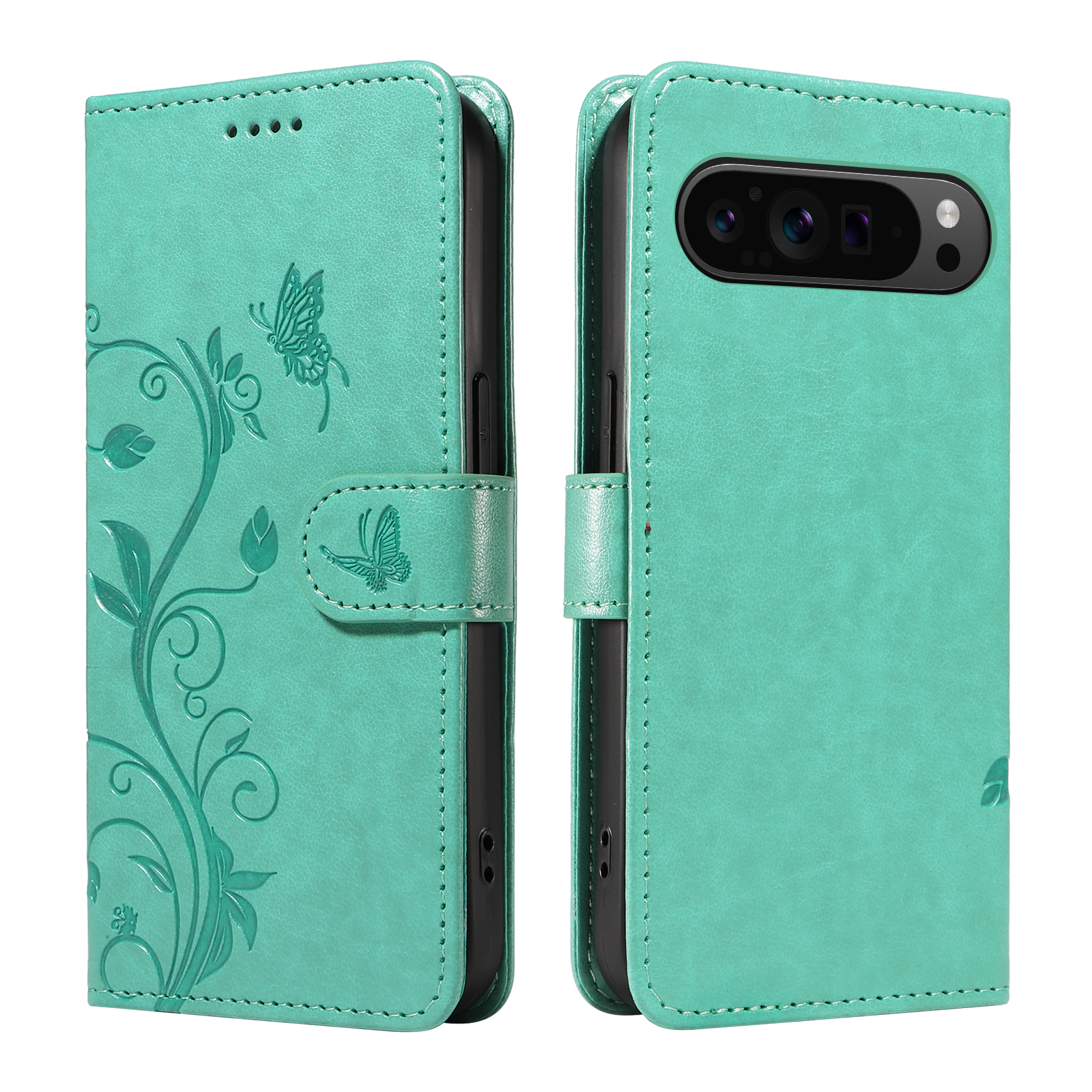 For Google Pixel 9 Pro XL / Google Pixel 10 Pro XL PU Leather Cases Flower Pattern Wallet Stand Phone Cover with Strap - Green