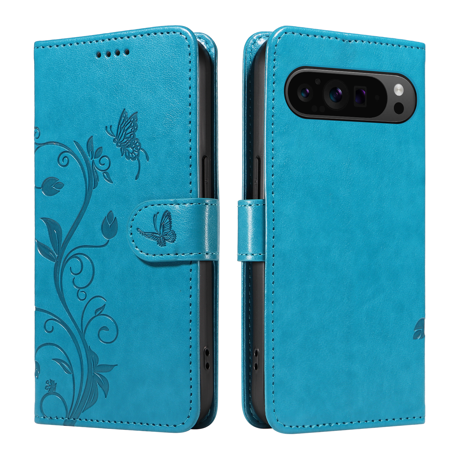 For Google Pixel 9 Pro XL / Google Pixel 10 Pro XL PU Leather Cases Flower Pattern Wallet Stand Phone Cover with Strap - Blue