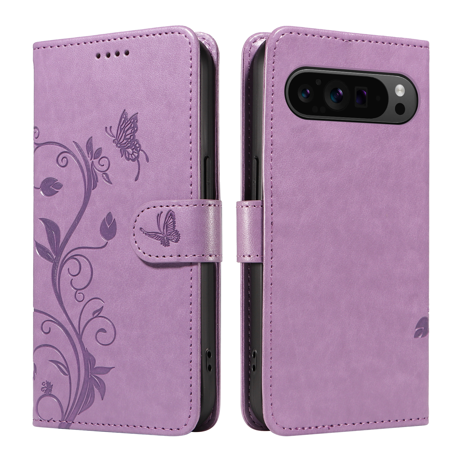 For Google Pixel 9 Pro XL / Google Pixel 10 Pro XL PU Leather Cases Flower Pattern Wallet Stand Phone Cover with Strap -  Light Purple