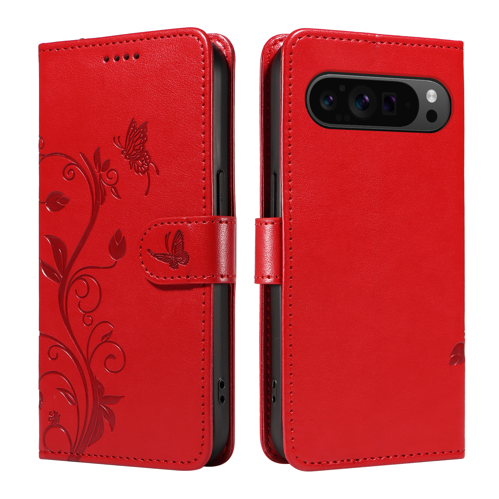 For Google Pixel 9 Pro XL / Google Pixel 10 Pro XL PU Leather Cases Flower Pattern Wallet Stand Phone Cover with Strap - Red