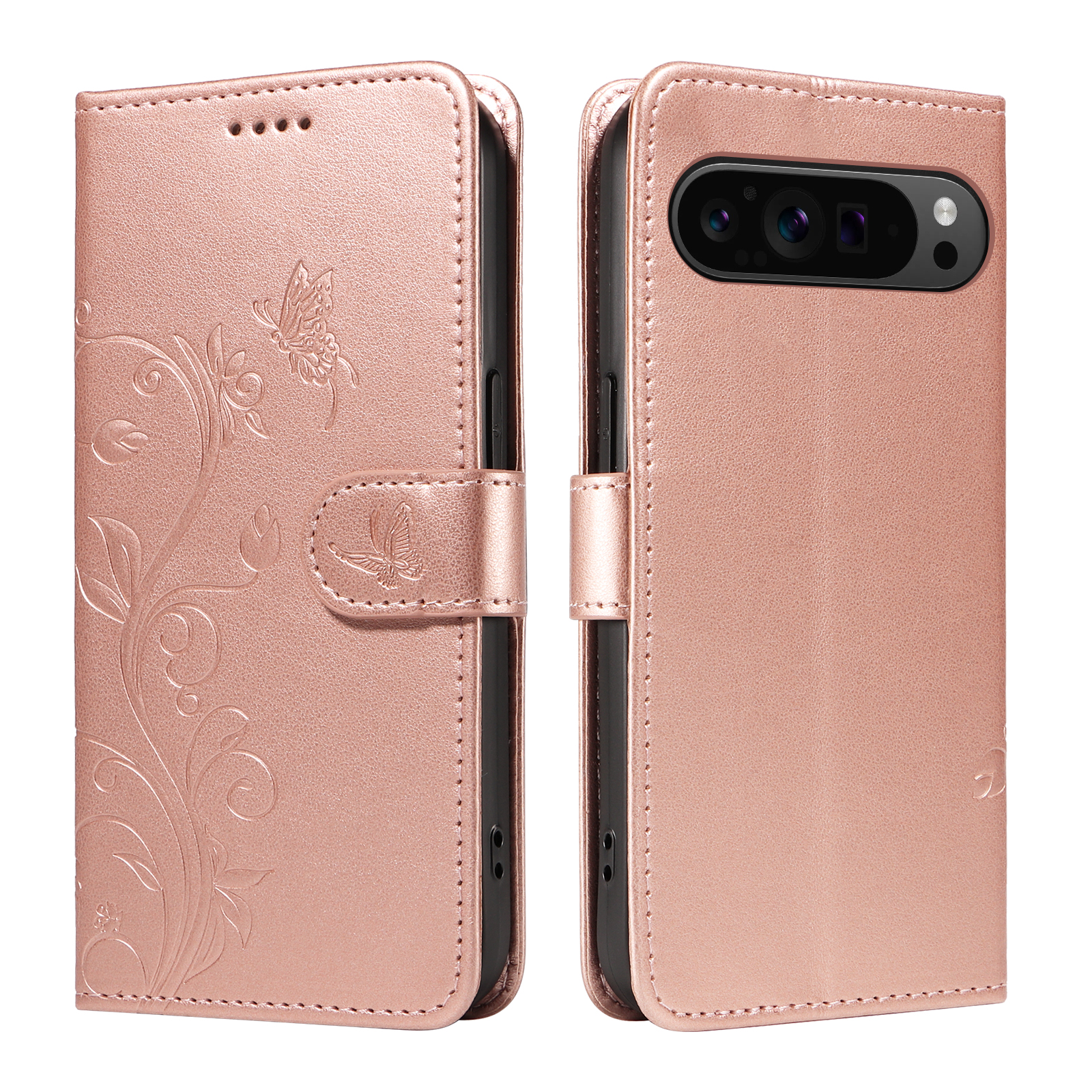 For Google Pixel 9 Pro XL / Google Pixel 10 Pro XL PU Leather Cases Flower Pattern Wallet Stand Phone Cover with Strap - Rose Gold