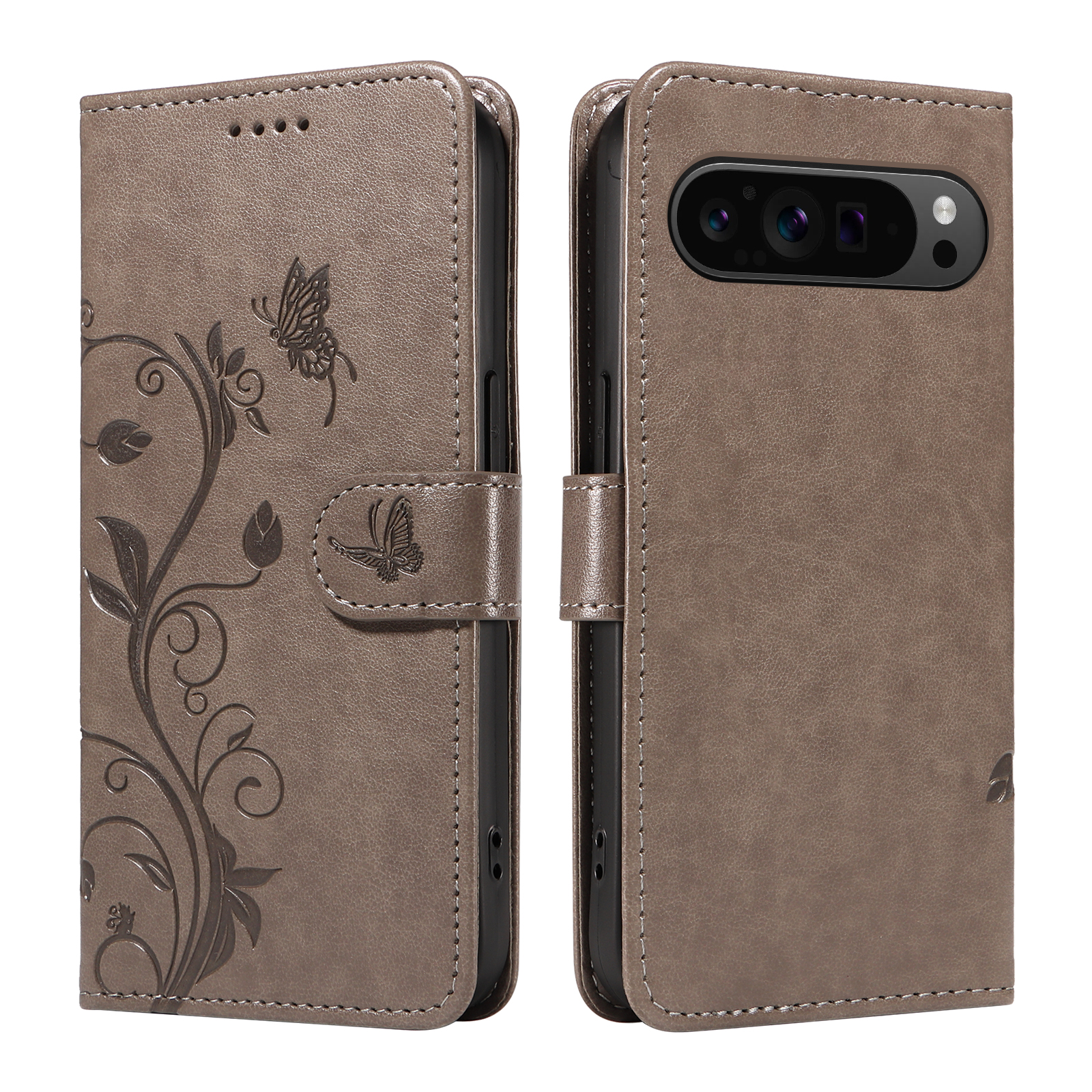 For Google Pixel 9 Pro XL / Google Pixel 10 Pro XL PU Leather Cases Flower Pattern Wallet Stand Phone Cover with Strap - Grey