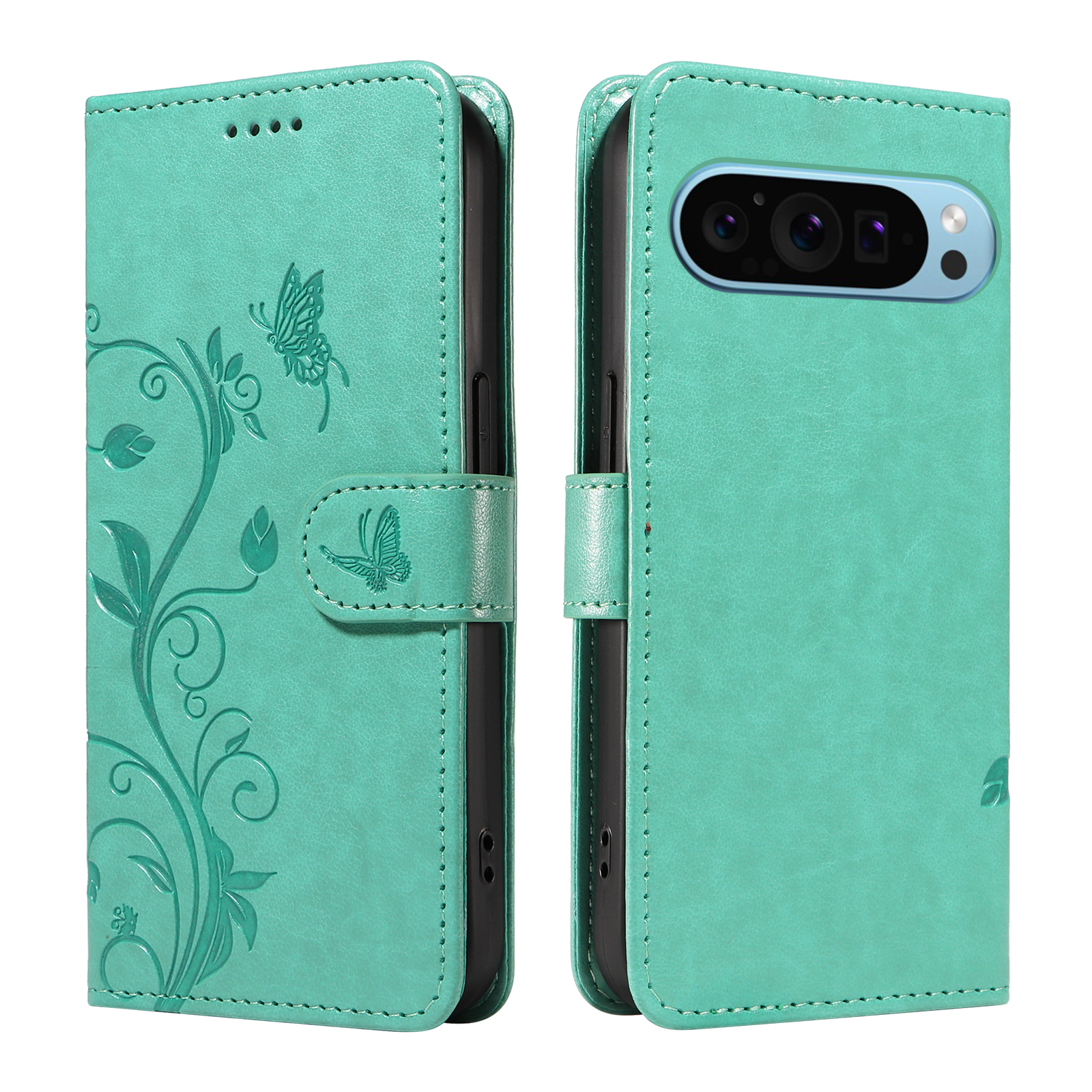 For Google Pixel 9 Pro / Google Pixel 10 / Google Pixel 10 Pro / Google Pixel 9 PU Leather Cases Flower Pattern Wallet Stand Phone Cover with Strap - Green