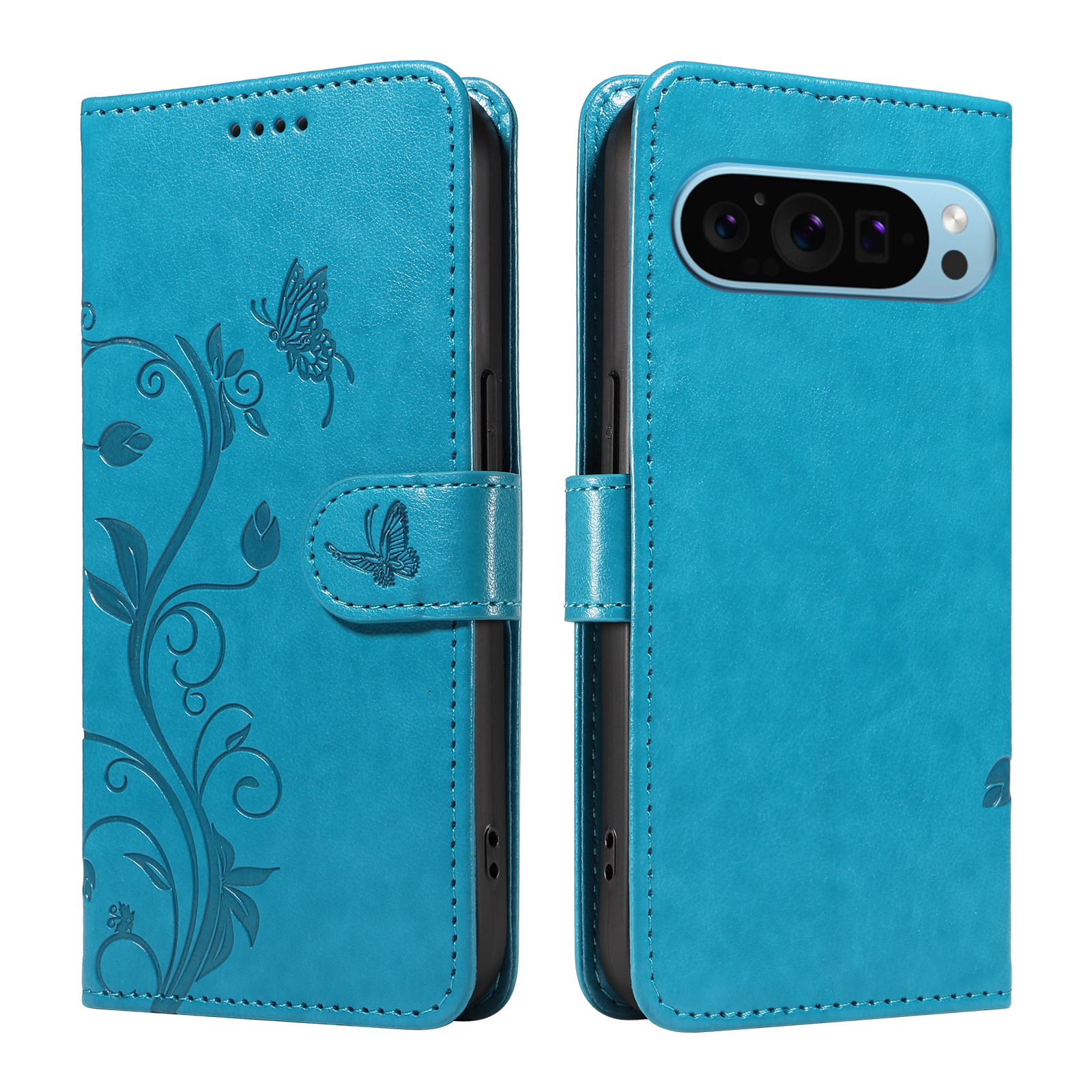 For Google Pixel 9 Pro / Google Pixel 10 / Google Pixel 10 Pro / Google Pixel 9 PU Leather Cases Flower Pattern Wallet Stand Phone Cover with Strap - Blue