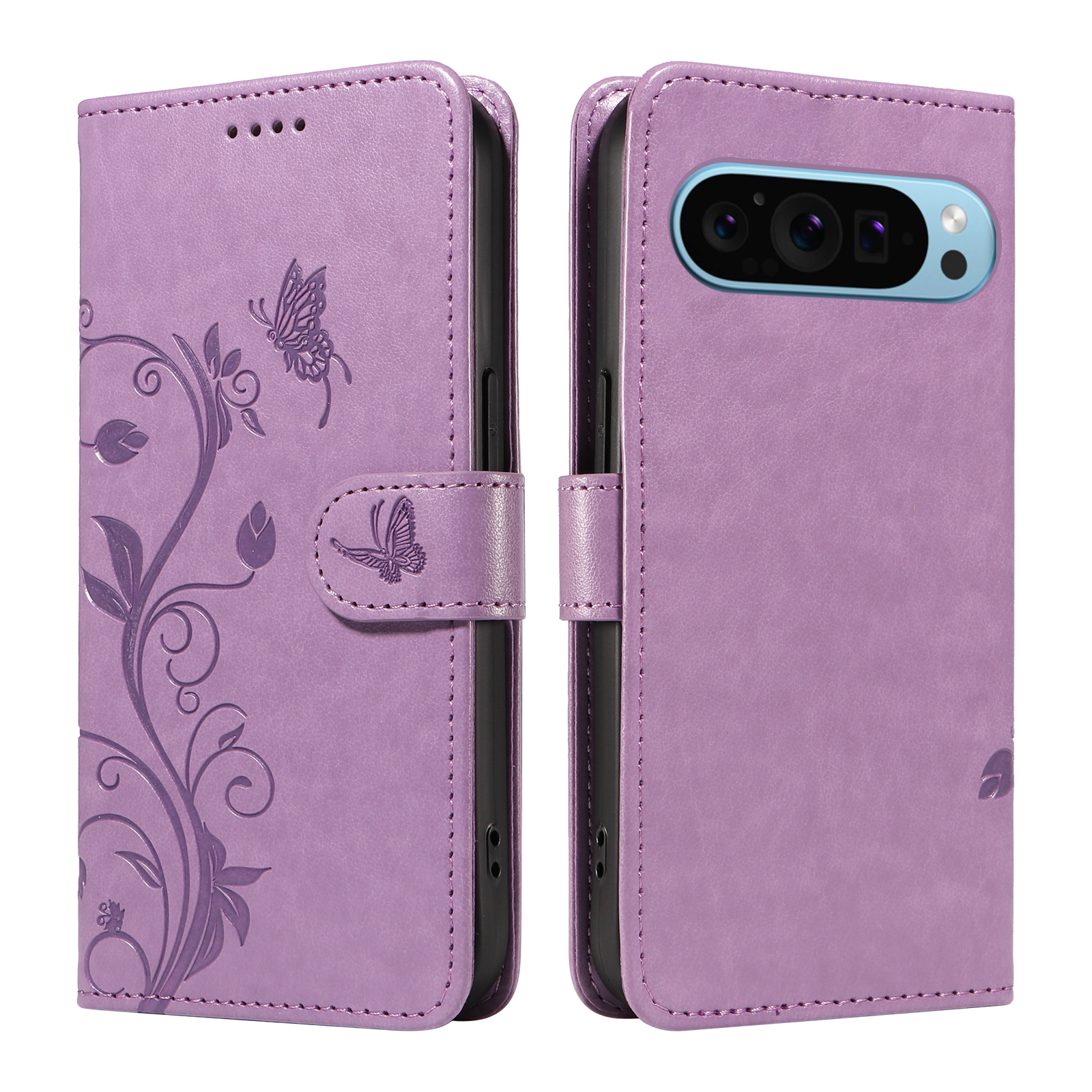 For Google Pixel 9 Pro / Google Pixel 10 / Google Pixel 10 Pro / Google Pixel 9 PU Leather Cases Flower Pattern Wallet Stand Phone Cover with Strap -  Light Purple