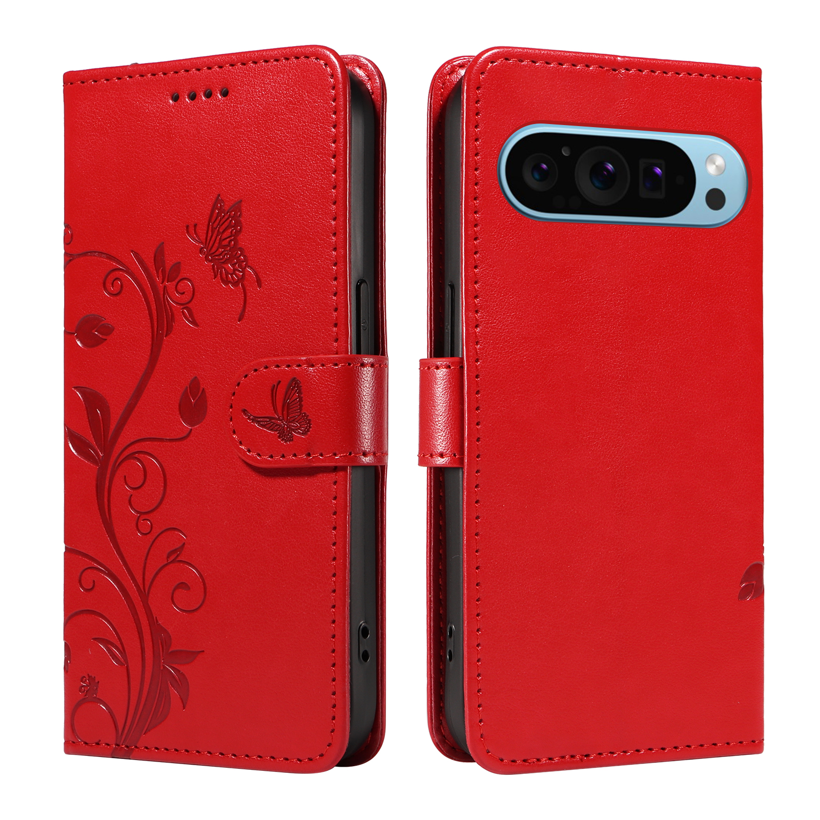 For Google Pixel 9 Pro / Google Pixel 10 / Google Pixel 10 Pro / Google Pixel 9 PU Leather Cases Flower Pattern Wallet Stand Phone Cover with Strap - Red