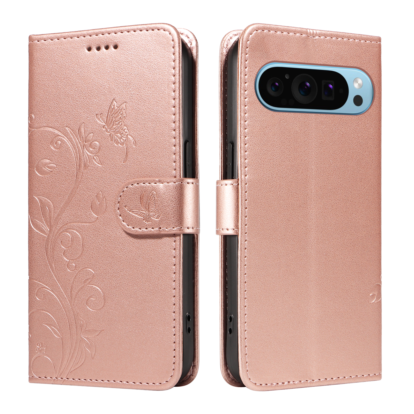 For Google Pixel 9 Pro / Google Pixel 10 / Google Pixel 10 Pro / Google Pixel 9 PU Leather Cases Flower Pattern Wallet Stand Phone Cover with Strap - Rose Gold