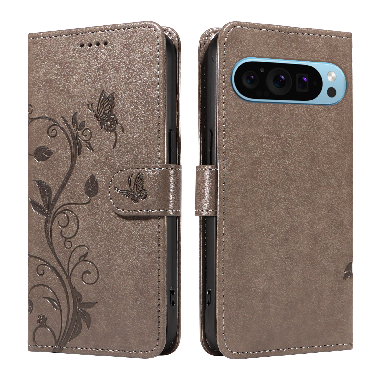 For Google Pixel 9 Pro / Google Pixel 10 / Google Pixel 10 Pro / Google Pixel 9 PU Leather Cases Flower Pattern Wallet Stand Phone Cover with Strap - Grey