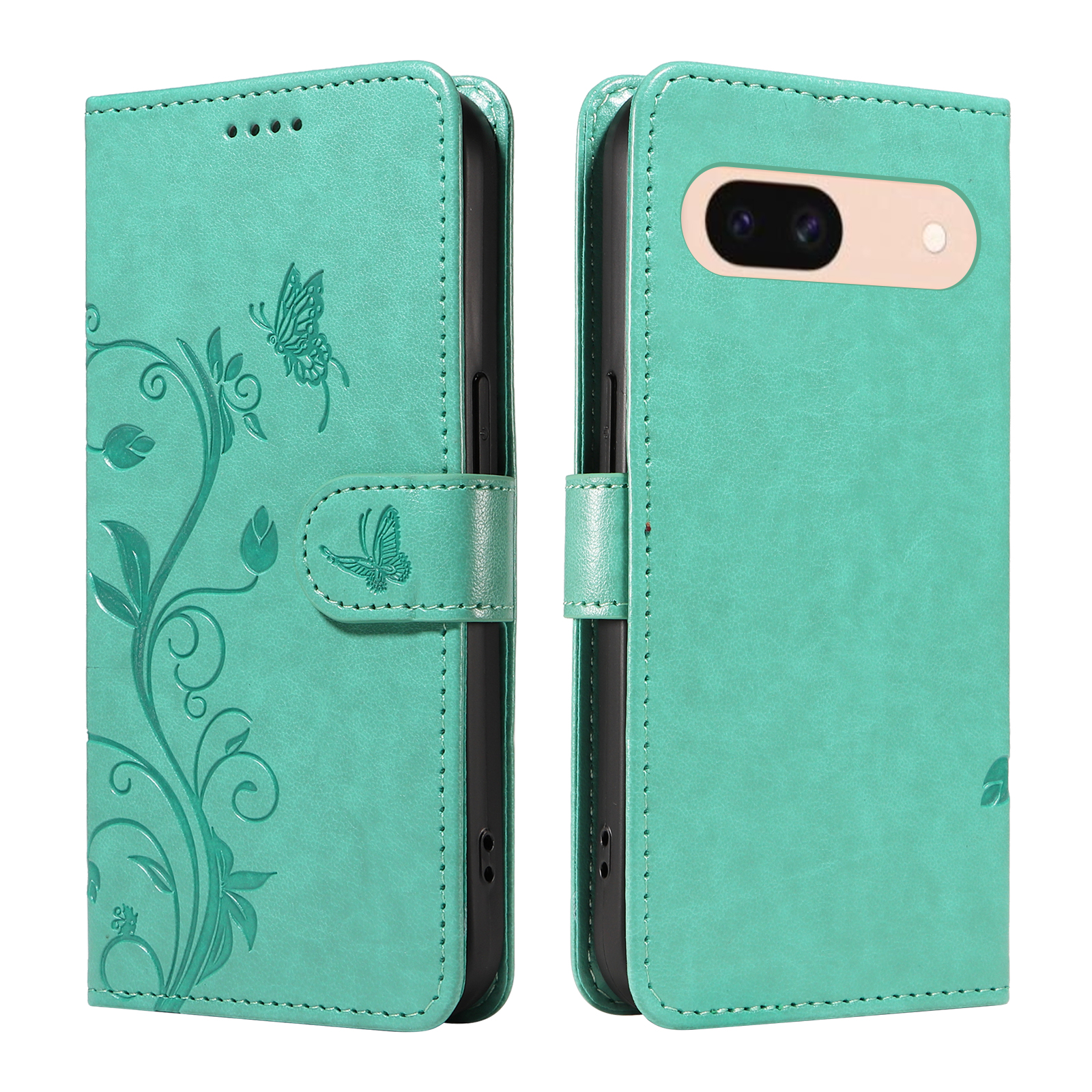 For Google Pixel 8a PU Leather Cases Flower Pattern Wallet Stand Phone Cover with Strap - Green
