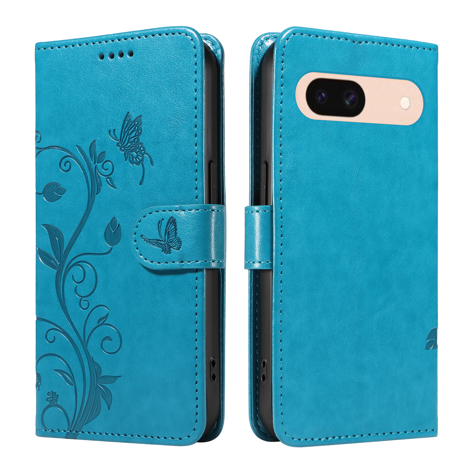For Google Pixel 8a PU Leather Cases Flower Pattern Wallet Stand Phone Cover with Strap - Blue