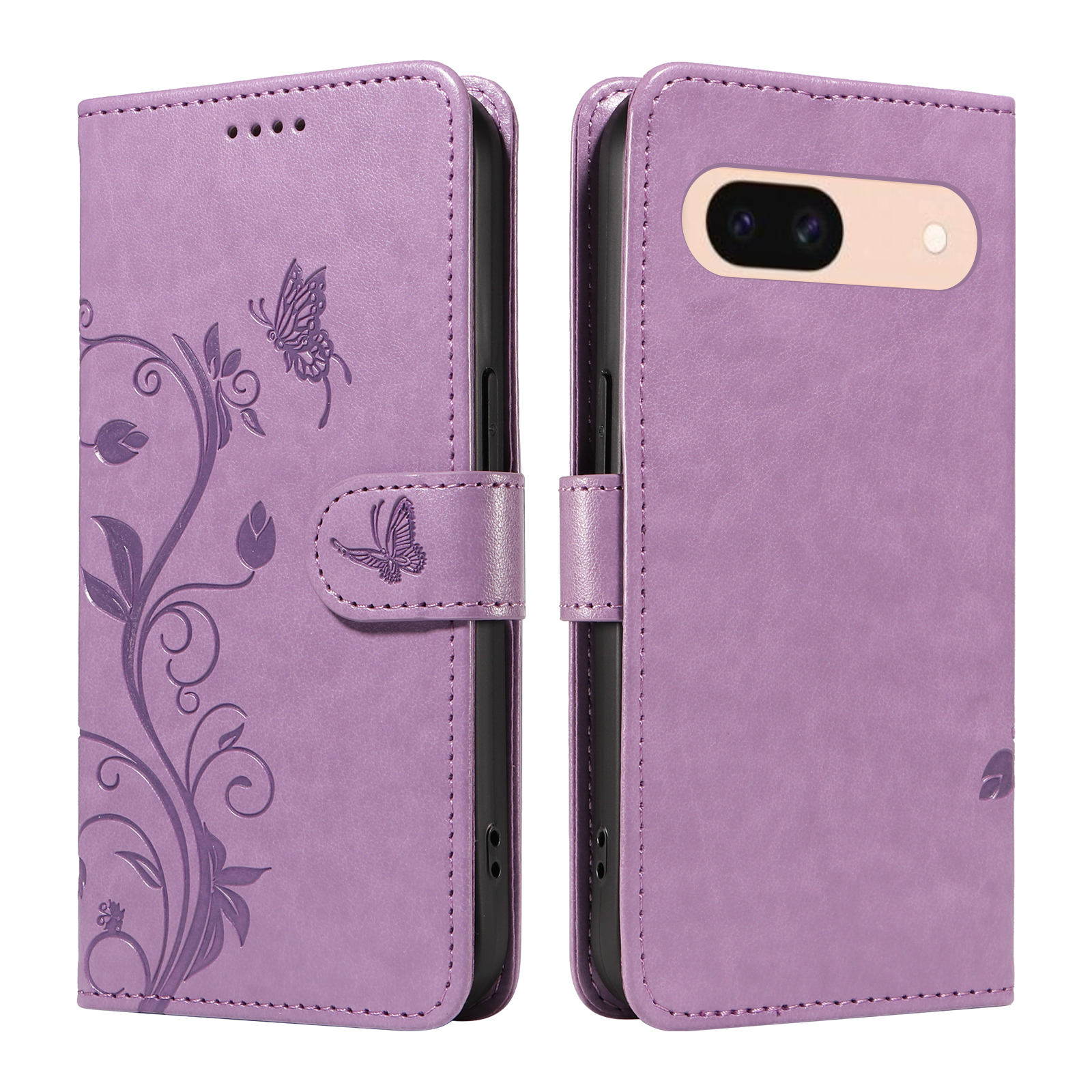 For Google Pixel 8a PU Leather Cases Flower Pattern Wallet Stand Phone Cover with Strap -  Light Purple