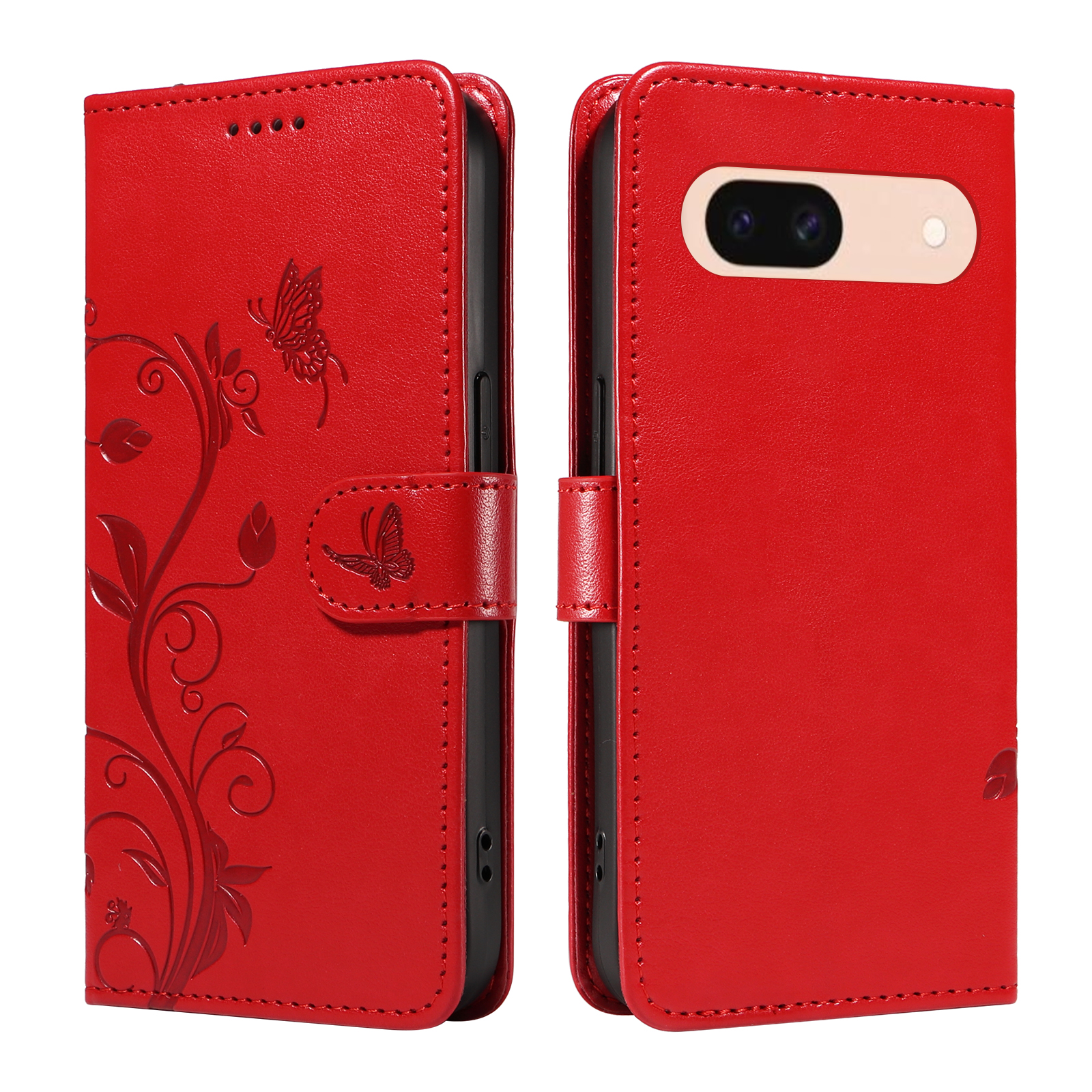 For Google Pixel 8a PU Leather Cases Flower Pattern Wallet Stand Phone Cover with Strap - Red