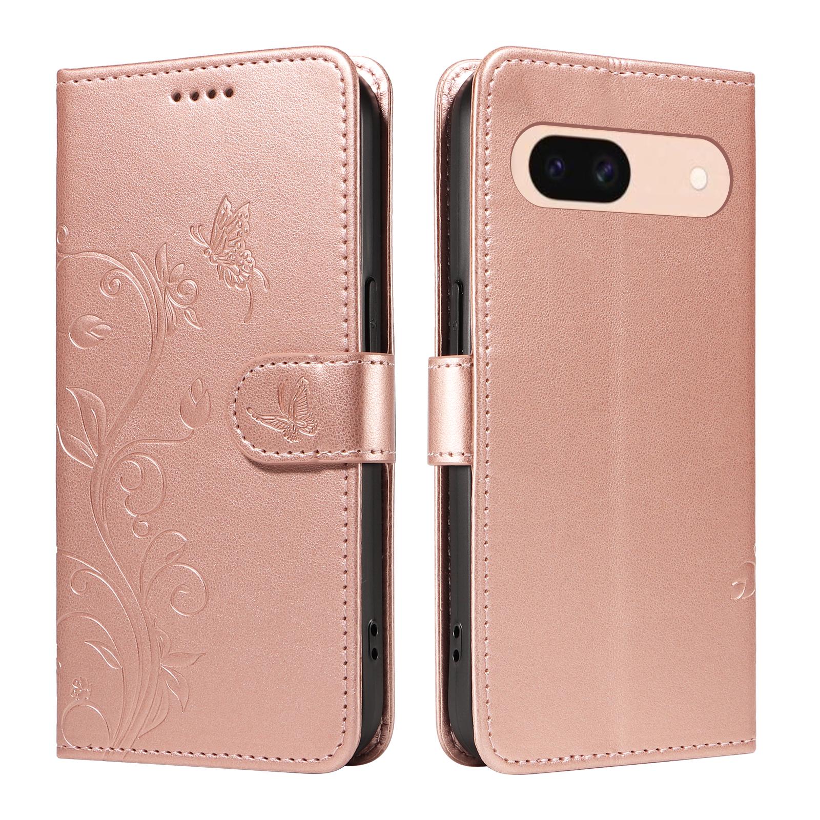 For Google Pixel 8a PU Leather Cases Flower Pattern Wallet Stand Phone Cover with Strap - Rose Gold