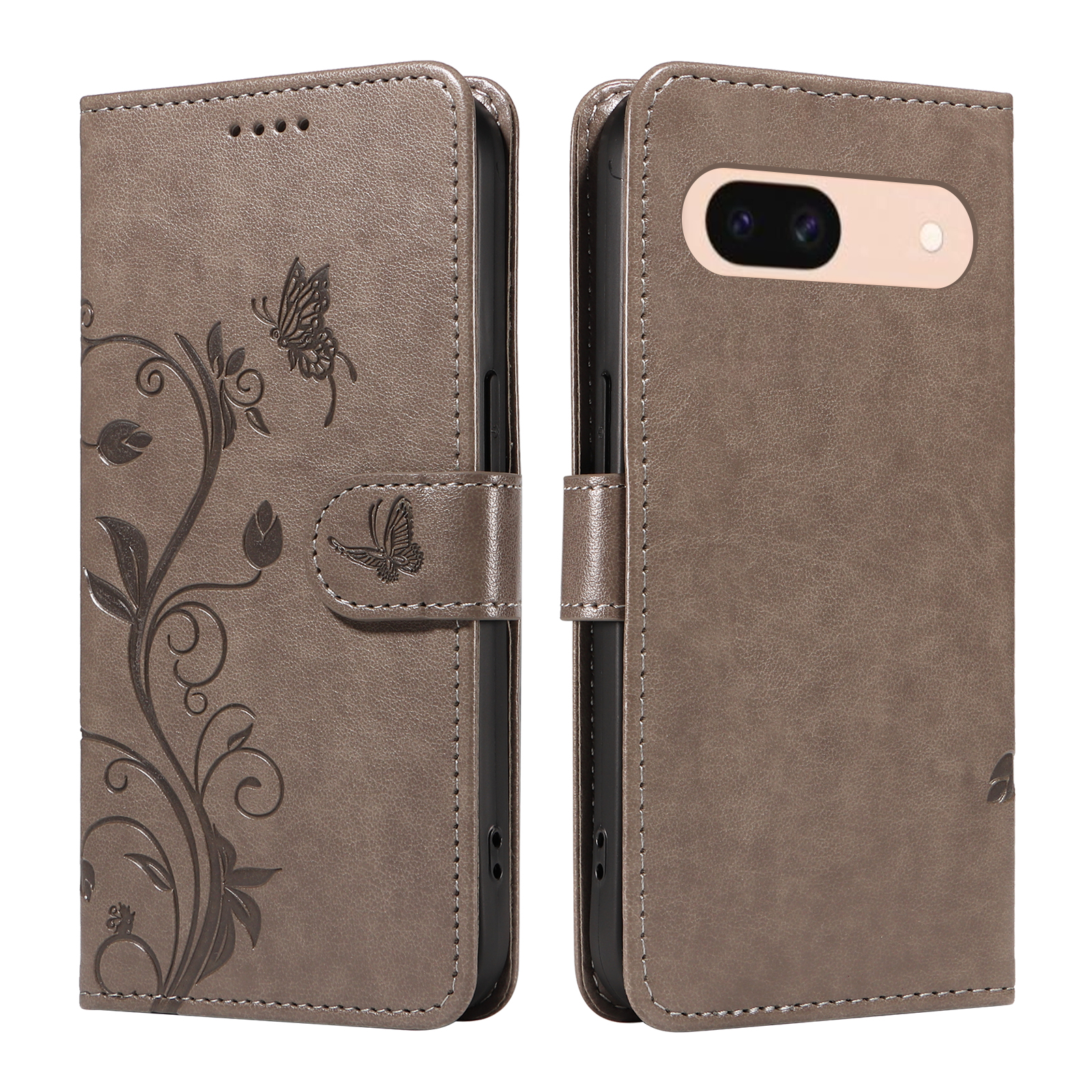 For Google Pixel 8a PU Leather Cases Flower Pattern Wallet Stand Phone Cover with Strap - Grey