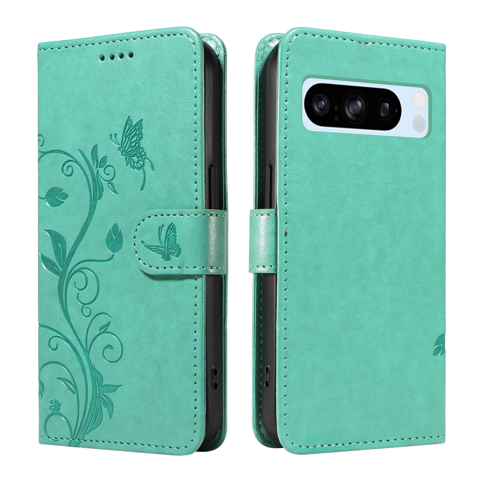 For Google Pixel 8 Pro PU Leather Cases Flower Pattern Wallet Stand Phone Cover with Strap - Green