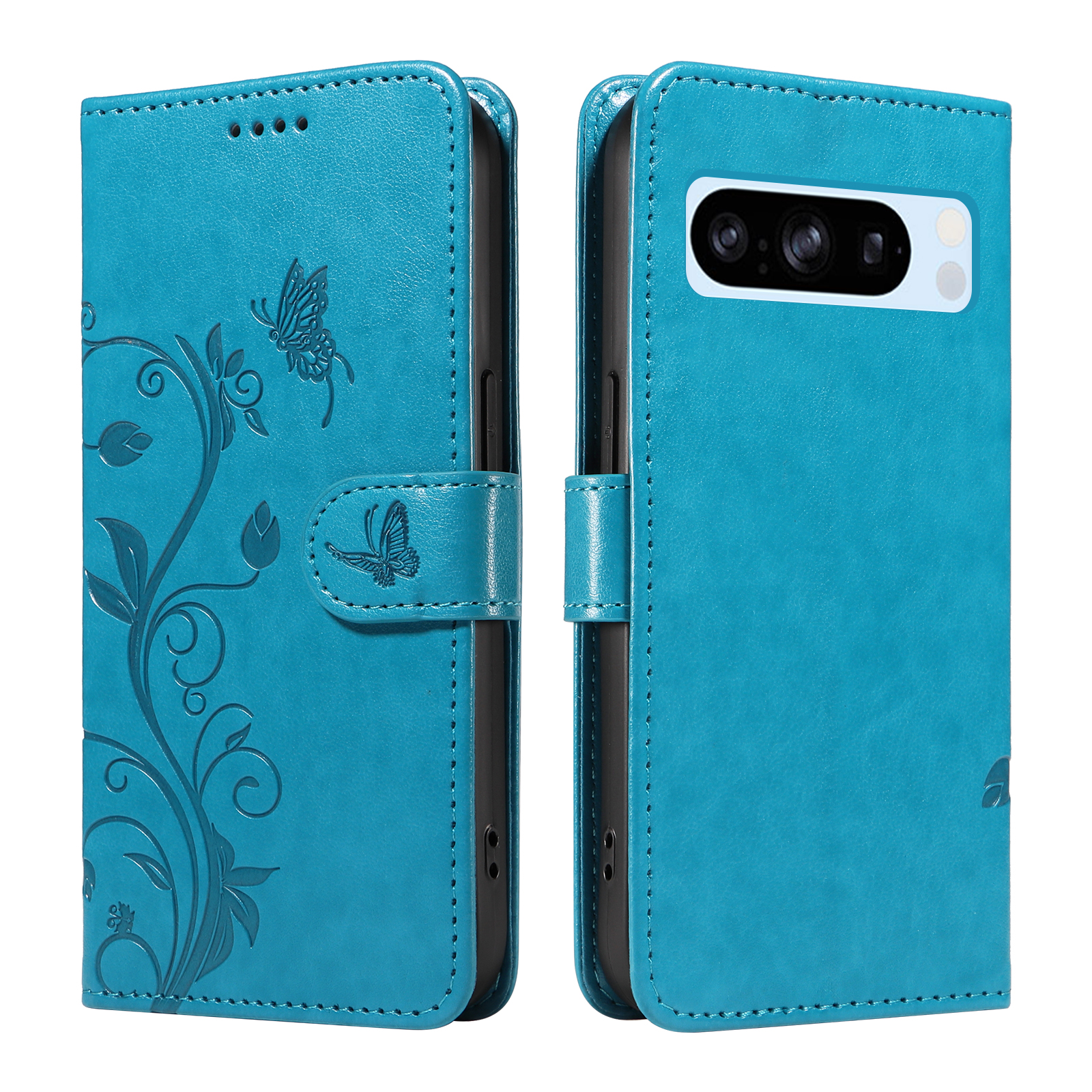 For Google Pixel 8 Pro PU Leather Cases Flower Pattern Wallet Stand Phone Cover with Strap - Blue