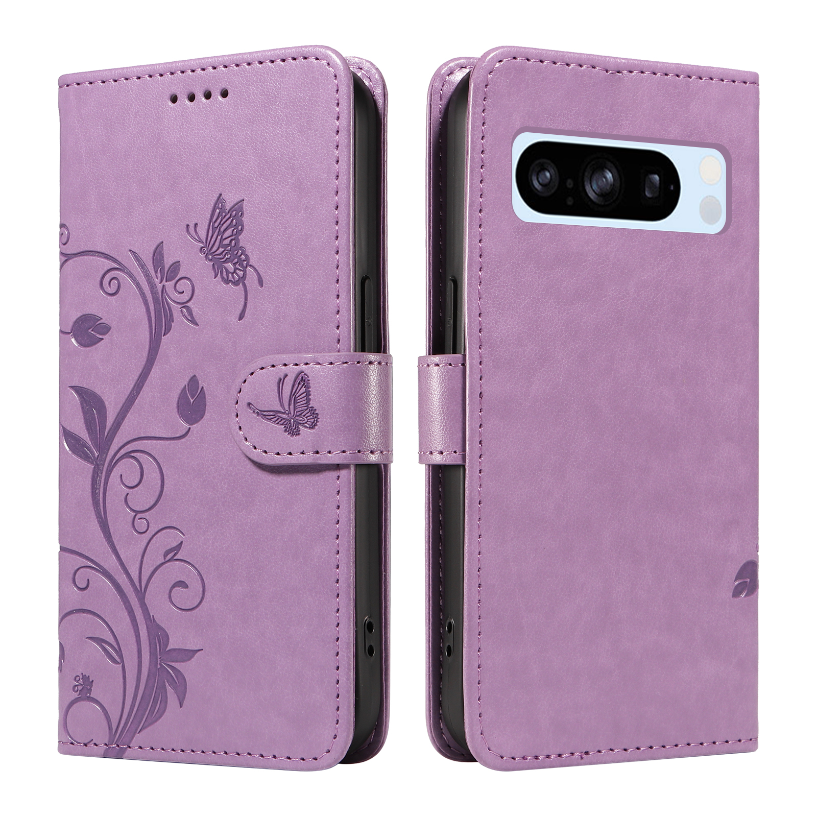 For Google Pixel 8 Pro PU Leather Cases Flower Pattern Wallet Stand Phone Cover with Strap - Light Purple