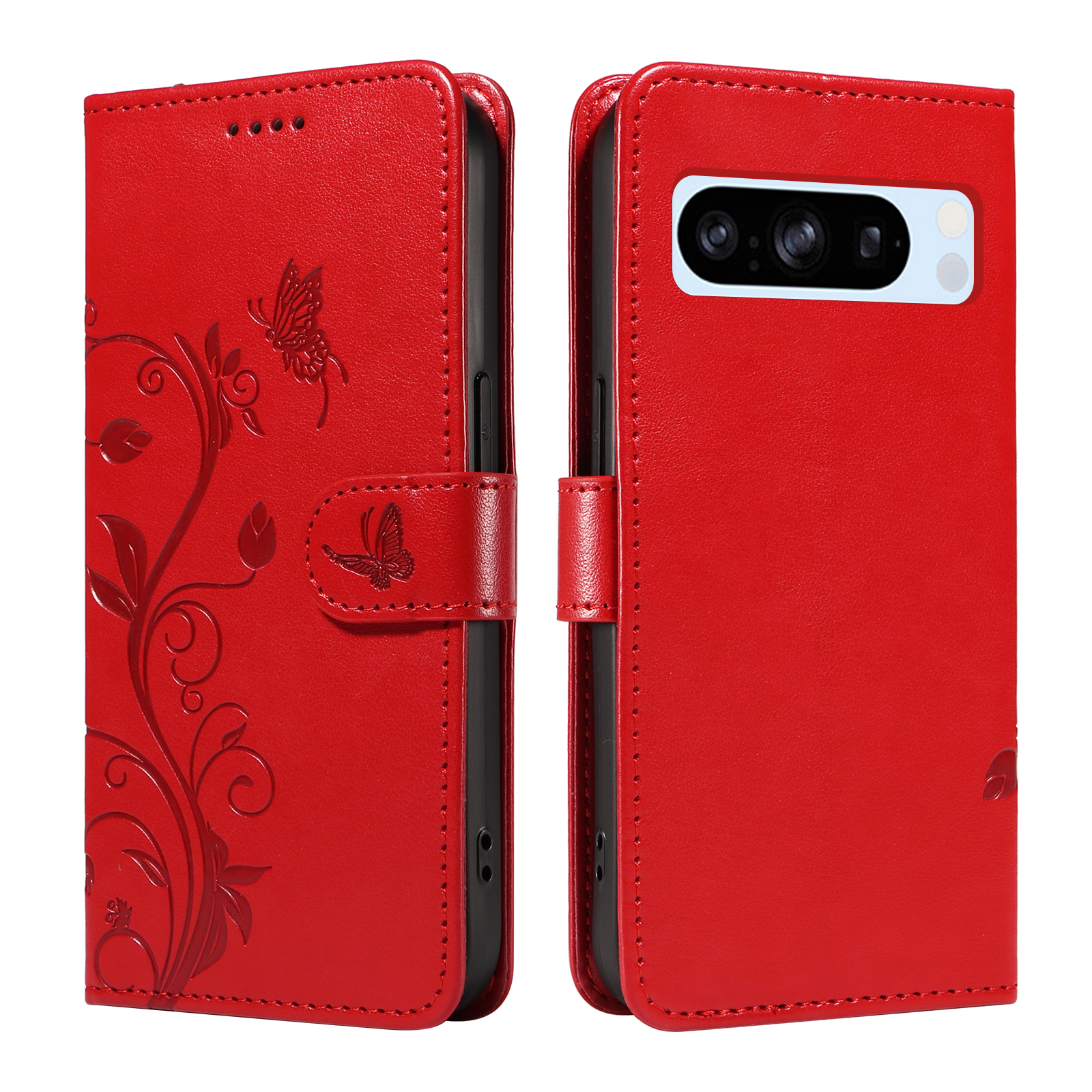 For Google Pixel 8 Pro PU Leather Cases Flower Pattern Wallet Stand Phone Cover with Strap - Red