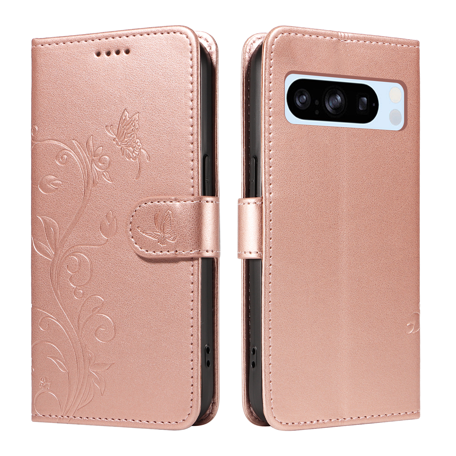For Google Pixel 8 Pro PU Leather Cases Flower Pattern Wallet Stand Phone Cover with Strap - Rose Gold