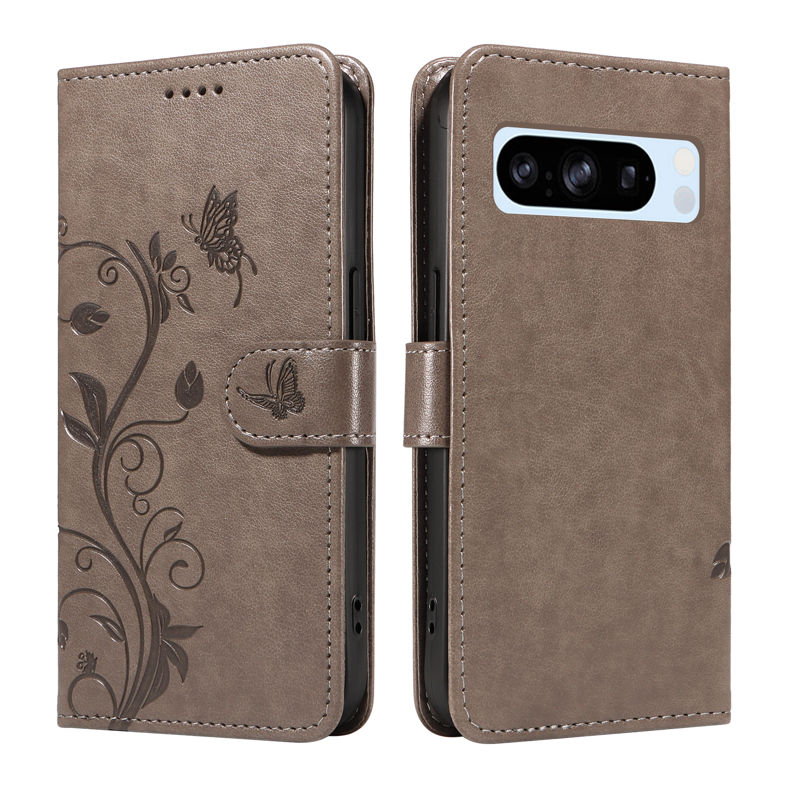 For Google Pixel 8 Pro PU Leather Cases Flower Pattern Wallet Stand Phone Cover with Strap - Grey