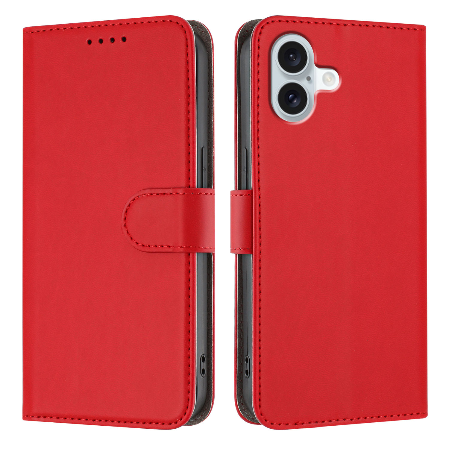For iPhone 16 Plus Leather Case Solid Color Phone Cover with Wallet - Red