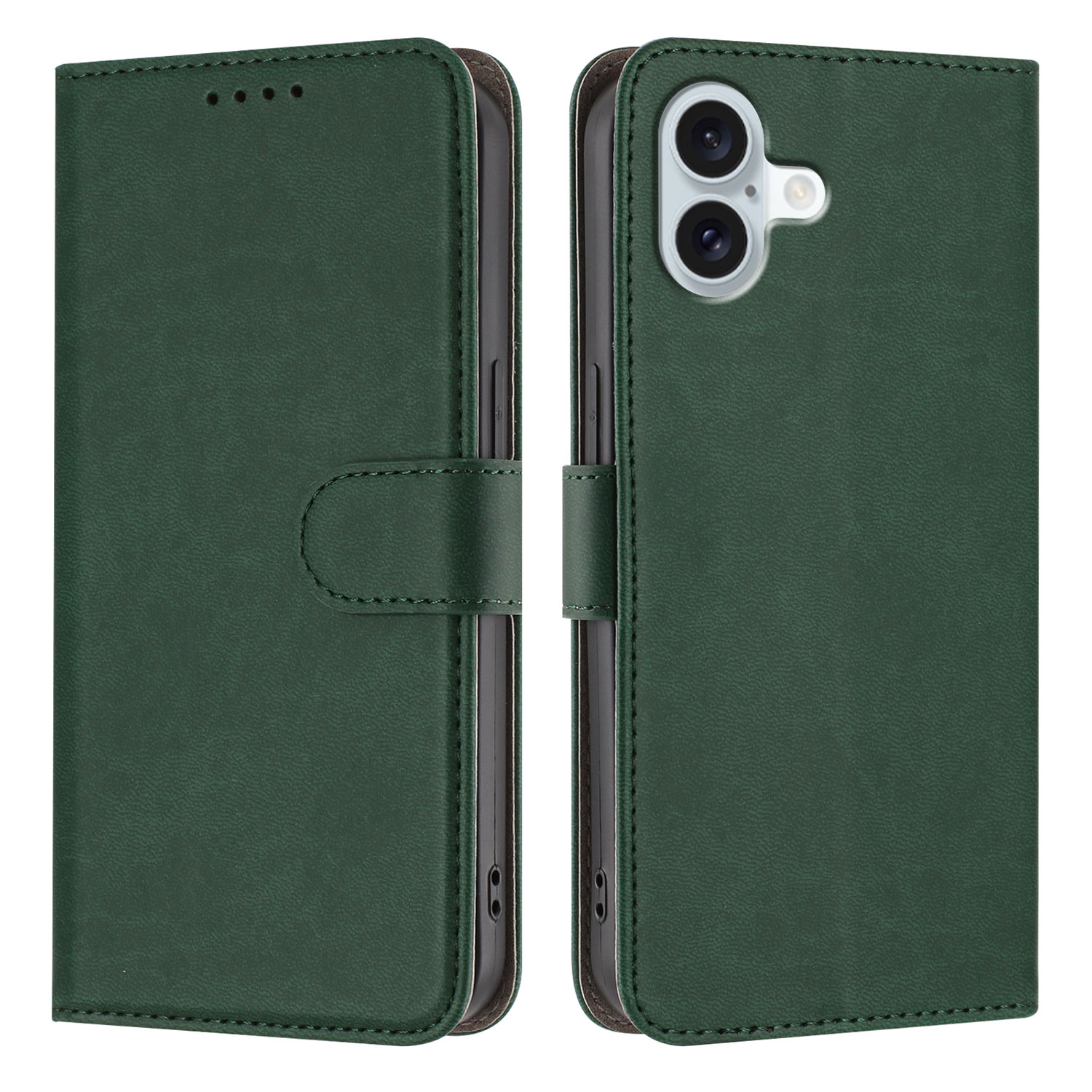 For iPhone 16 Plus Leather Case Solid Color Phone Cover with Wallet - Blackish Green