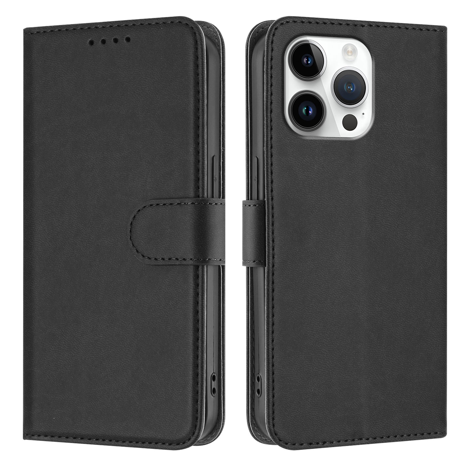 For iPhone 16 Pro Max Leather Case Solid Color Phone Cover with Wallet - Black