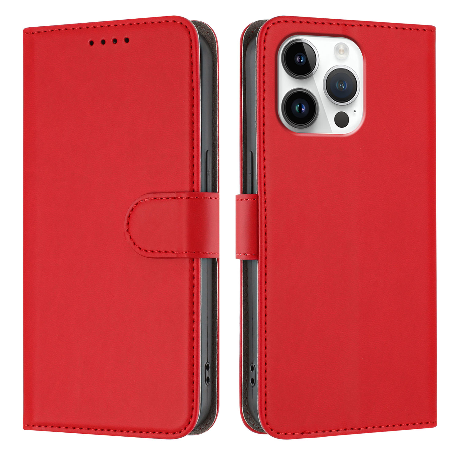 For iPhone 16 Pro Max Leather Case Solid Color Phone Cover with Wallet - Red