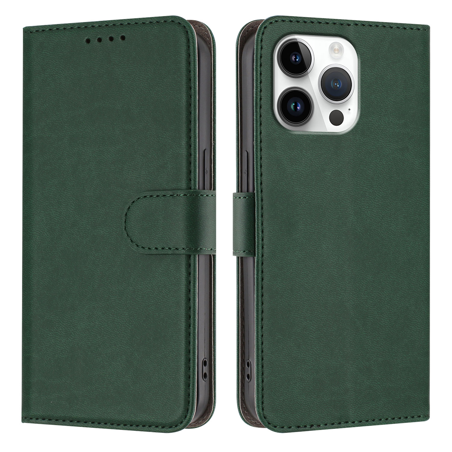 For iPhone 16 Pro Max Leather Case Solid Color Phone Cover with Wallet - Blackish Green