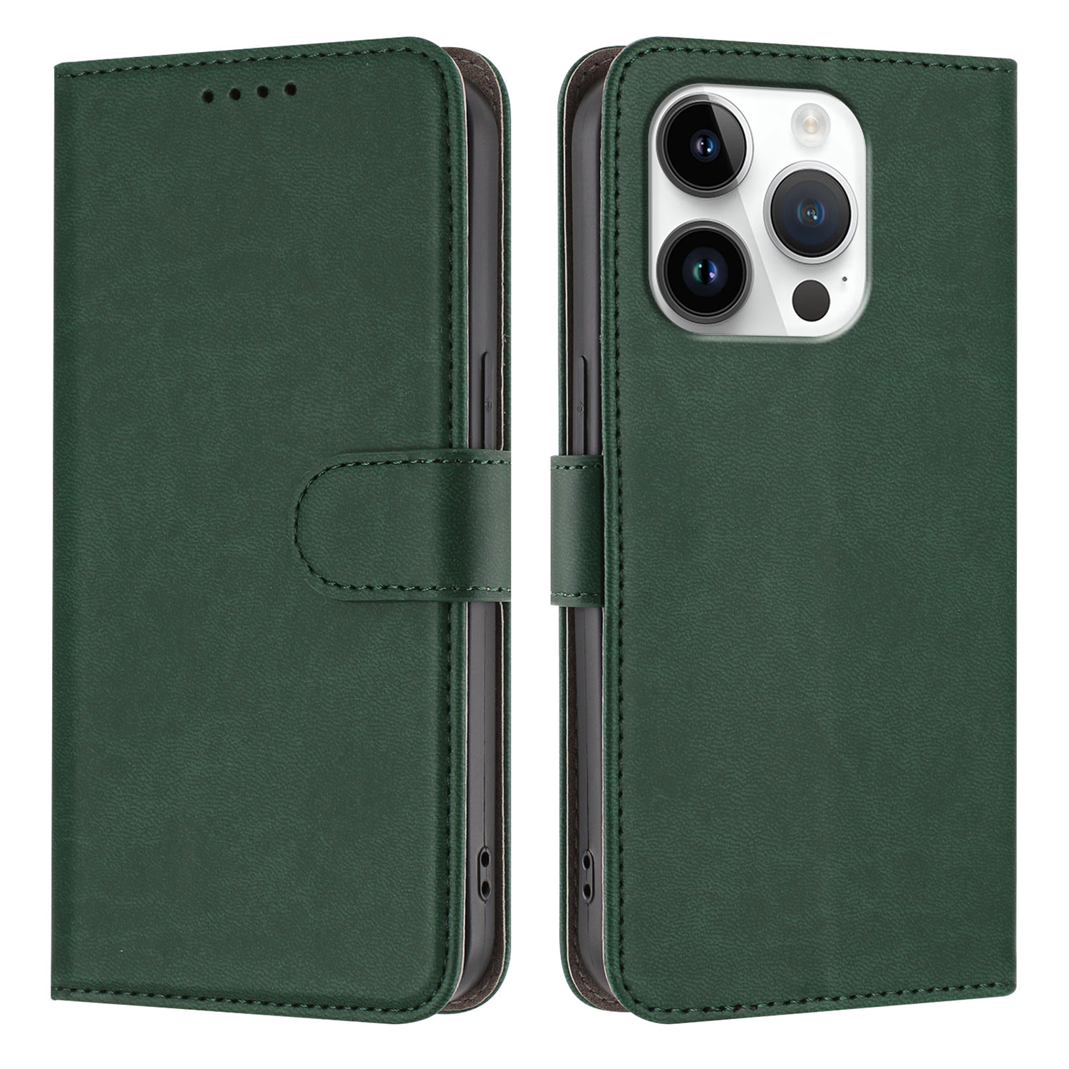 For iPhone 16 Pro Leather Case Solid Color Phone Cover with Wallet - Blackish Green