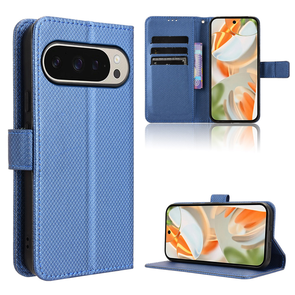 For Google Pixel 10 Pro XL Leather Wallet Case with Strap Diamond Texture Phone Cover - Blue