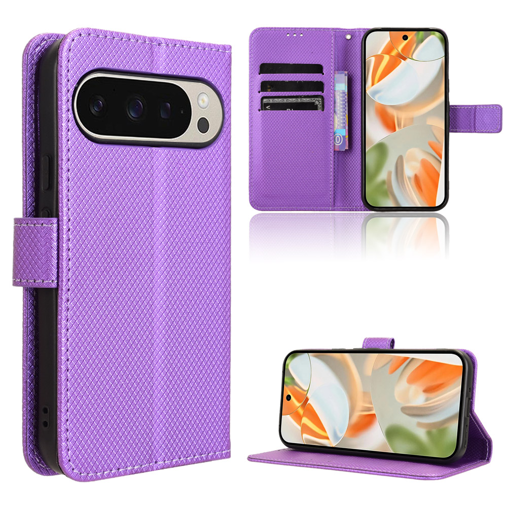 For Google Pixel 10 / Google Pixel 10 Pro Leather Wallet Case with Strap Diamond Texture Phone Cover - Purple