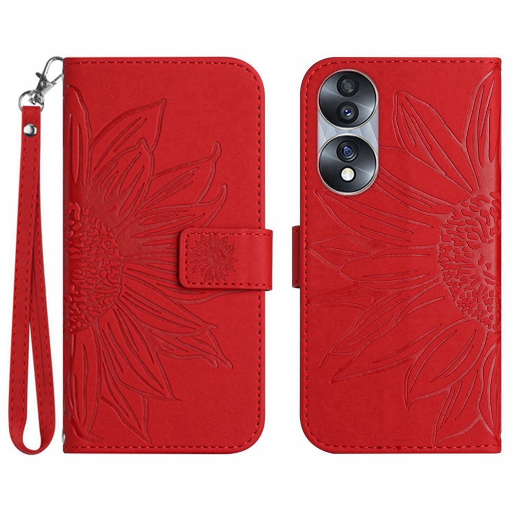 Skin-Touch Feeling Flip Phone Case for Honor 70 5G, Imprinted Sunflower Stand PU Leather Bump Proof Magnetic Wallet Cover with Strap - Red-1