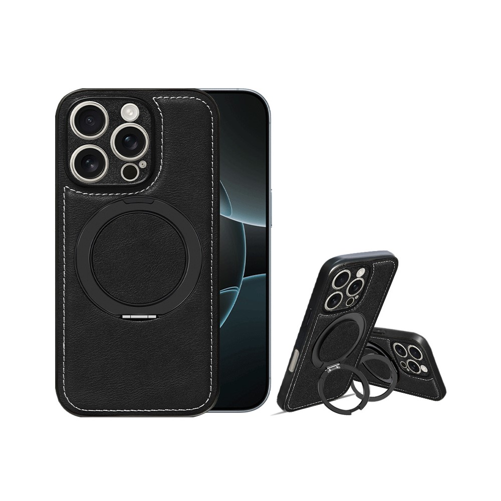 For iPhone 16 Pro Magnetic Case Calf Texture PU + TPU + PC Kickstand Phone Cover - Black