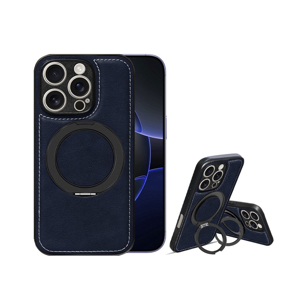 For iPhone 16 Pro Magnetic Case Calf Texture PU + TPU + PC Kickstand Phone Cover - Blue