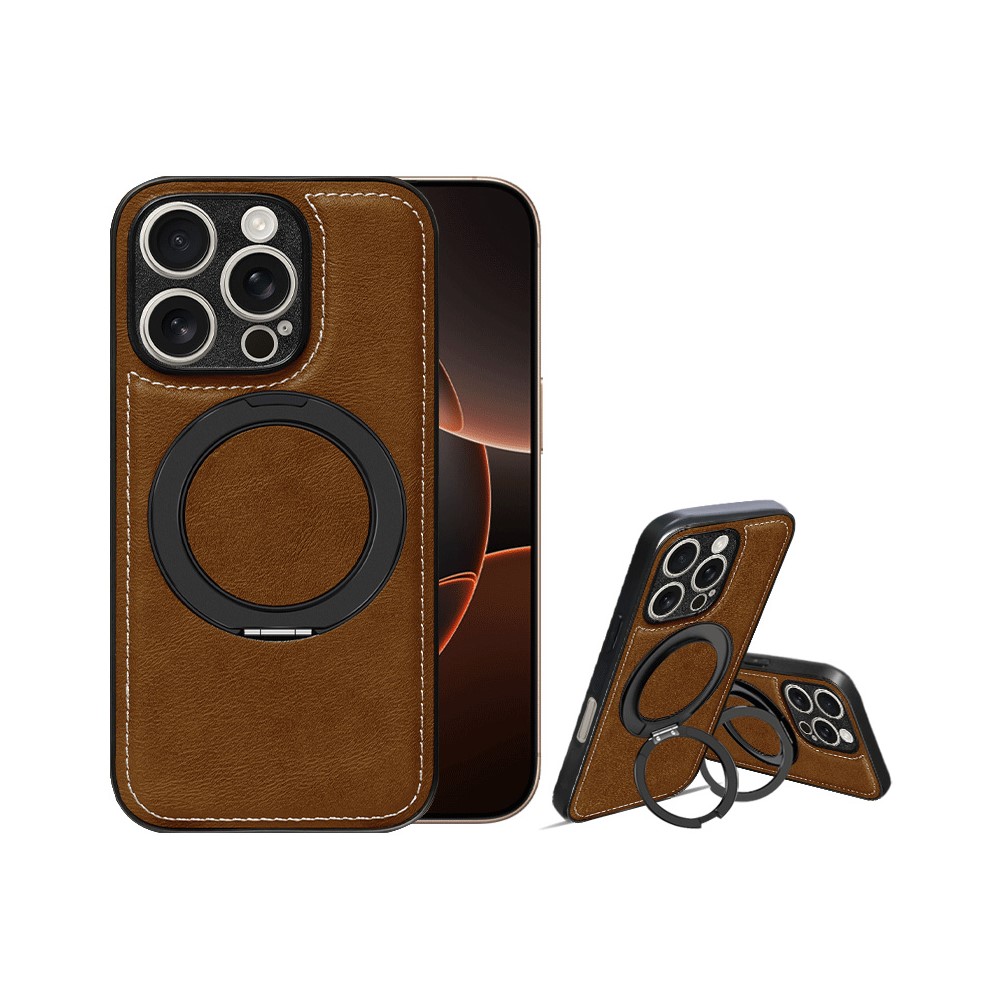 For iPhone 16 Pro Magnetic Case Calf Texture PU + TPU + PC Kickstand Phone Cover - Brown