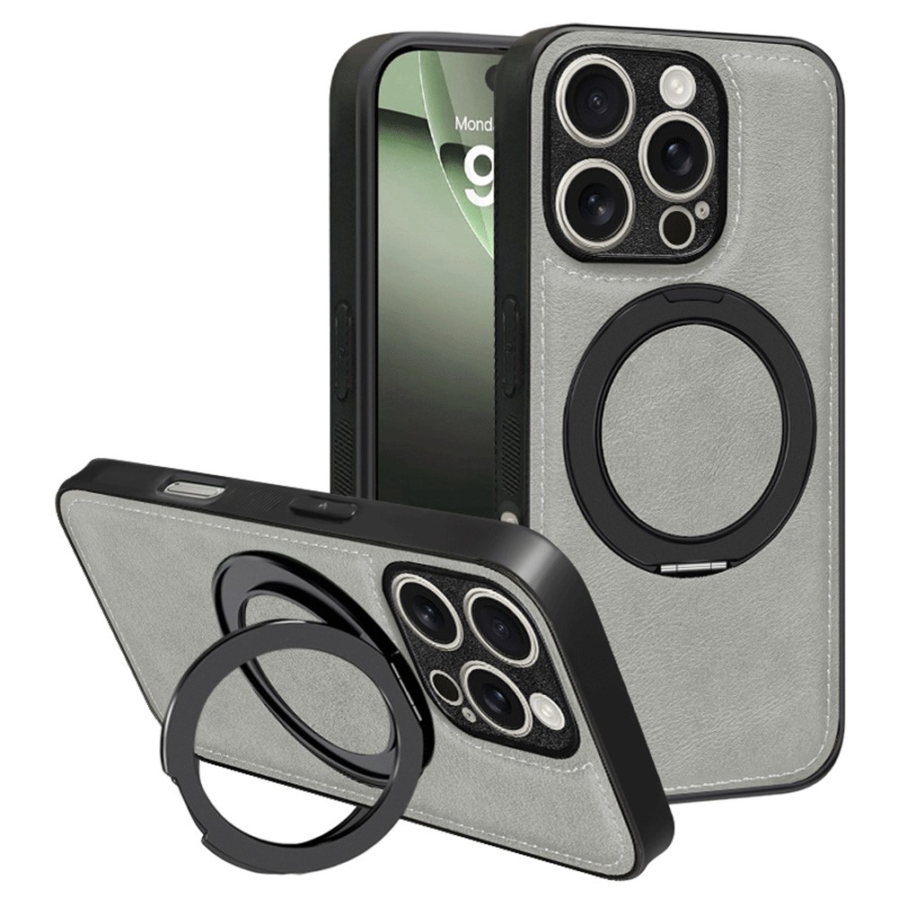 For iPhone 16 Pro Max Magnetic Case Calf Texture PU + TPU + PC Kickstand Phone Cover - White