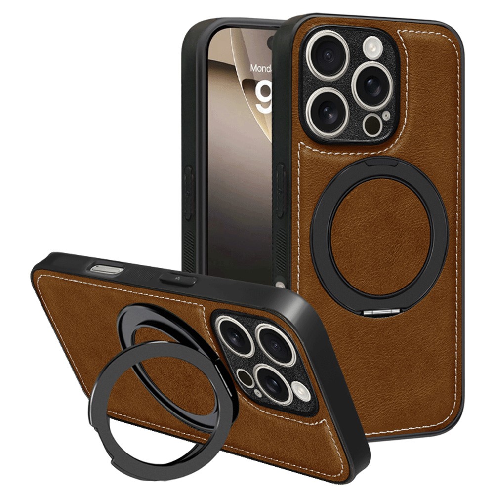 For iPhone 16 Pro Max Magnetic Case Calf Texture PU + TPU + PC Kickstand Phone Cover - Brown