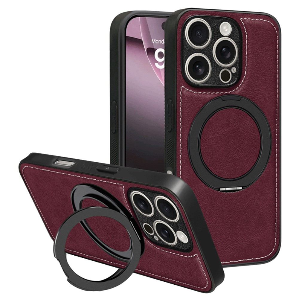 For iPhone 16 Pro Max Magnetic Case Calf Texture PU + TPU + PC Kickstand Phone Cover - Red