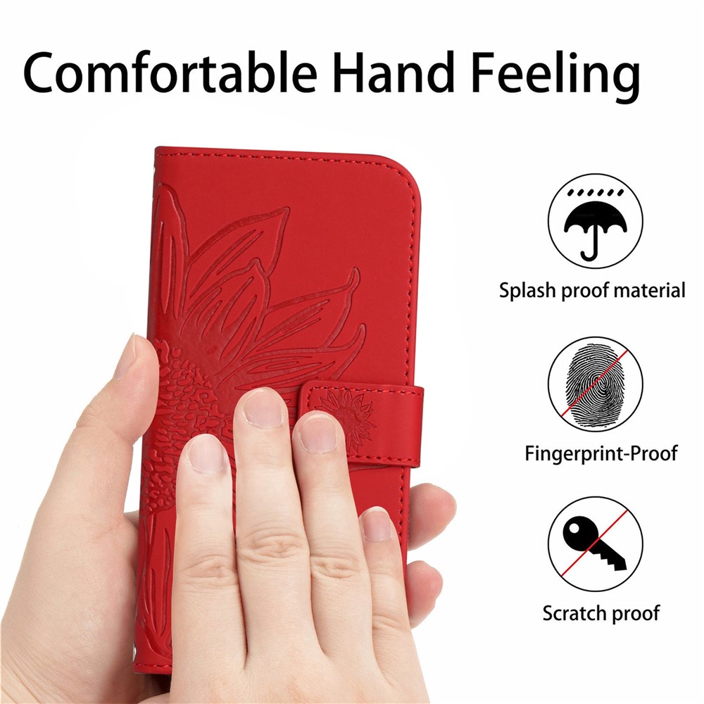 Skin-Touch Feeling Flip Phone Case for Honor 70 Pro 5G / 70 Pro+ 5G, Anti-fingerprint Imprinted Sunflower Stand PU Leather Magnetic Wallet Cover with Strap - Red-5