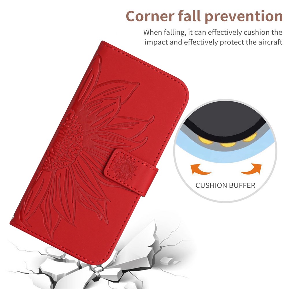Skin-Touch Feeling Flip Phone Case for Honor 70 Pro 5G / 70 Pro+ 5G, Anti-fingerprint Imprinted Sunflower Stand PU Leather Magnetic Wallet Cover with Strap - Red-7