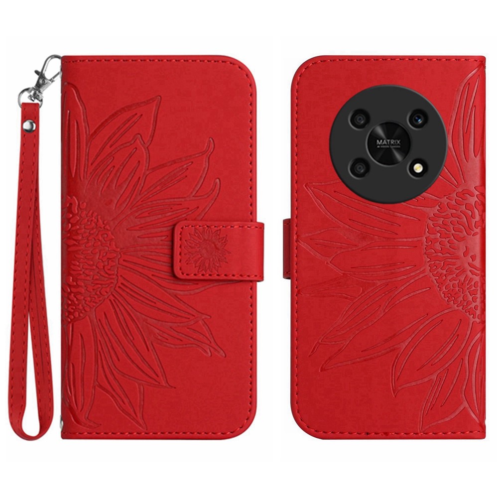 Skin-Touch Feeling Magnetic Flip Phone Case for Honor Magic4 Lite 5G, Imprinted Sunflower Stand PU Leather Wallet Cover with Strap - Red-1