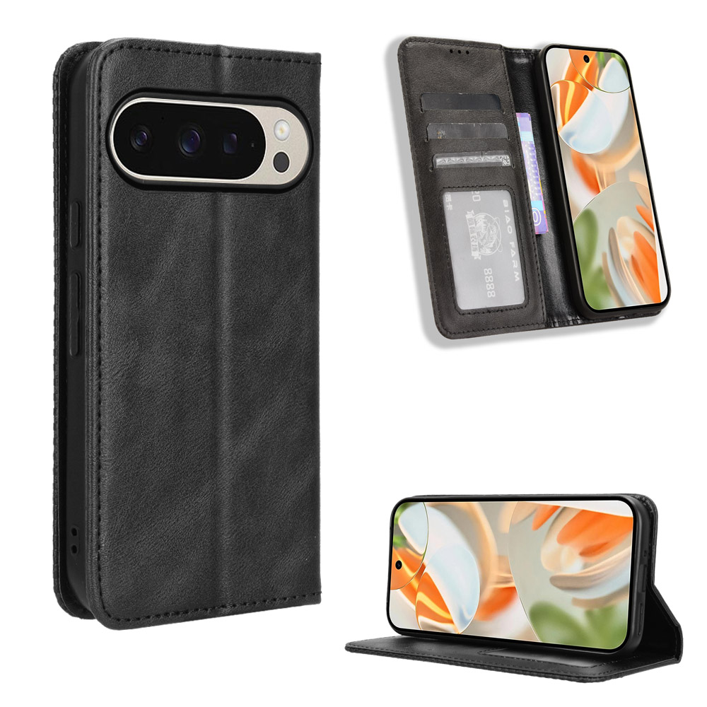 For Google Pixel 10 Pro XL Leather Case Wallet Stand Retro Texture Phone Cover - Black