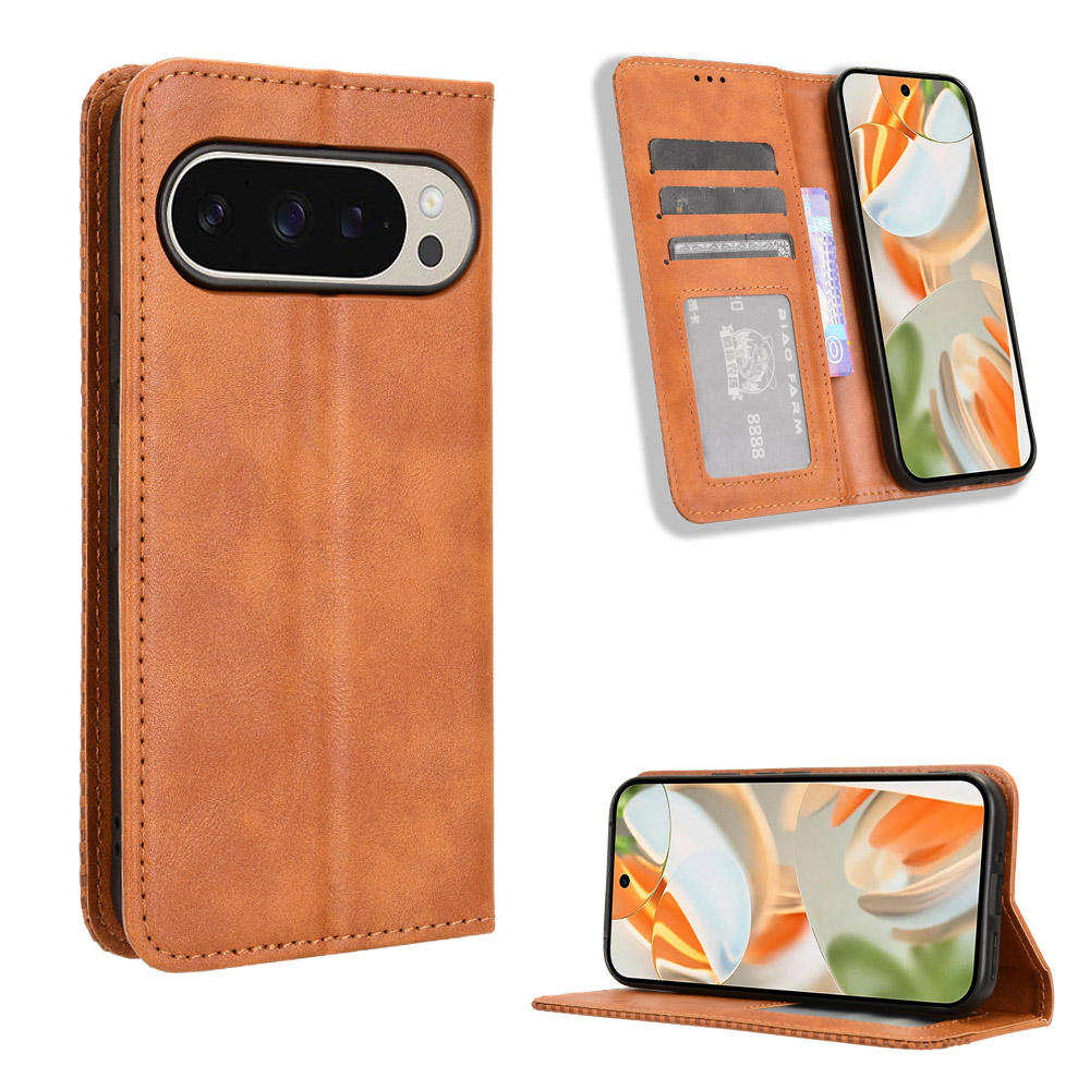 For Google Pixel 10 Pro XL Leather Case Wallet Stand Retro Texture Phone Cover - Brown