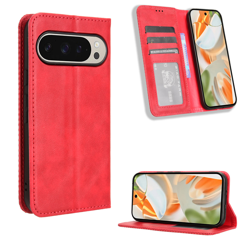 For Google Pixel 10 Pro XL Leather Case Wallet Stand Retro Texture Phone Cover - Red