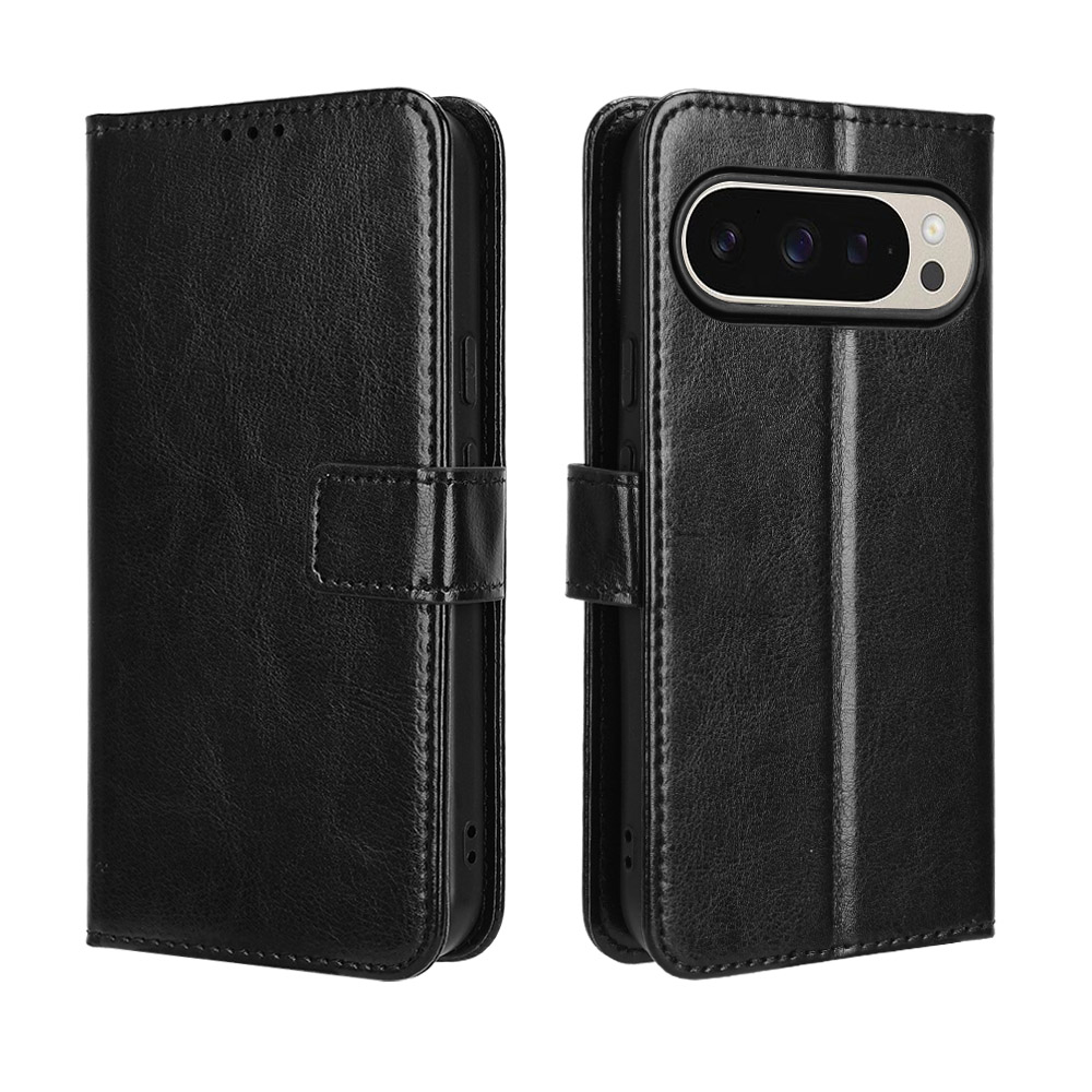 For Google Pixel 10 Pro XL PU Leather Case with Strap Crazy Horse Texture Phone Wallet Cover - Black
