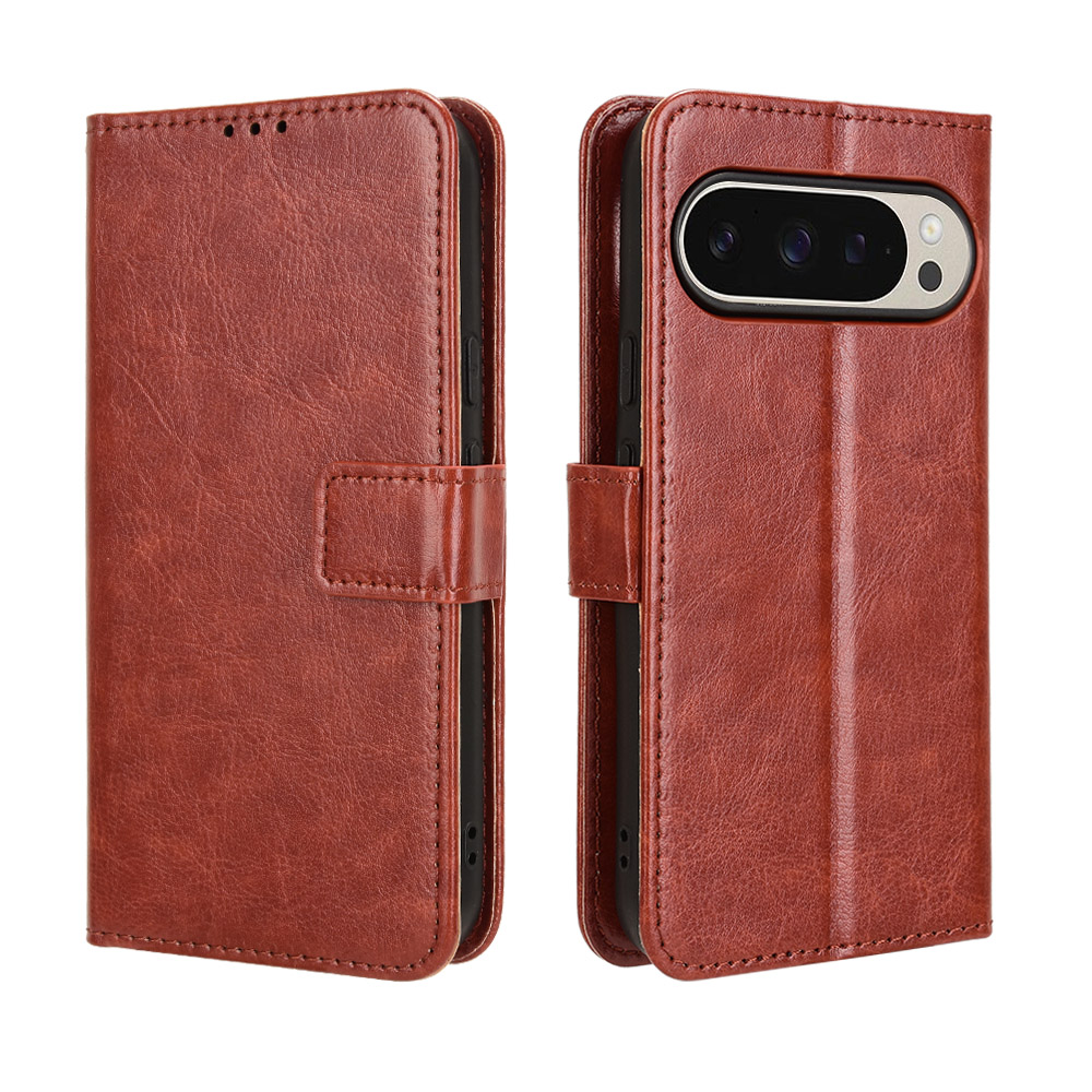 For Google Pixel 10 Pro XL PU Leather Case with Strap Crazy Horse Texture Phone Wallet Cover - Brown