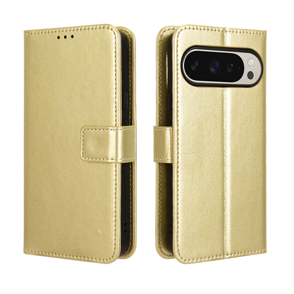 For Google Pixel 10 Pro XL PU Leather Case with Strap Crazy Horse Texture Phone Wallet Cover - Gold