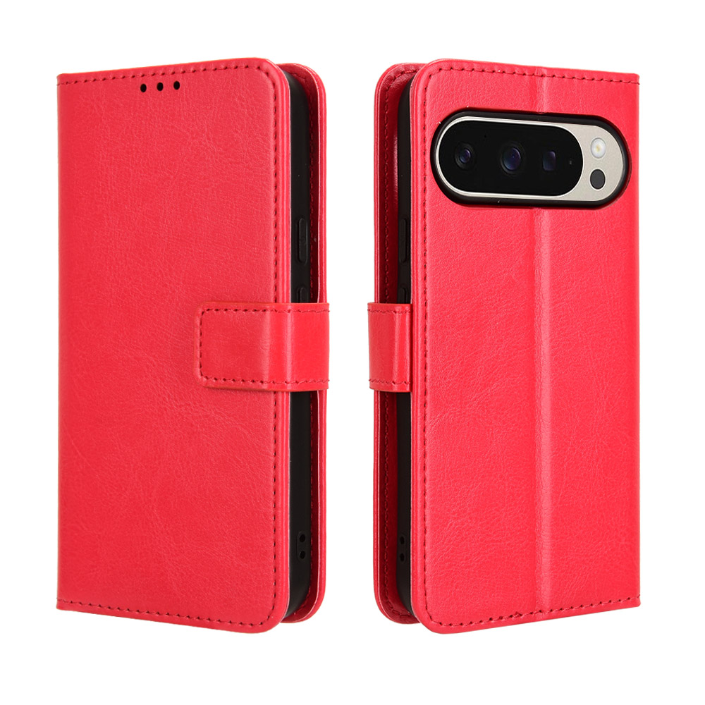 For Google Pixel 10 Pro XL PU Leather Case with Strap Crazy Horse Texture Phone Wallet Cover - Red